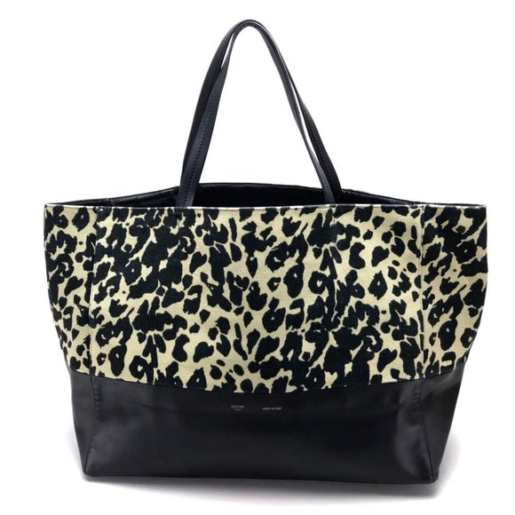 CELINE Leopard Horizontal Cabas Tote Bag Canvas Leather Women's Black x Beige - Picture 1 of 10